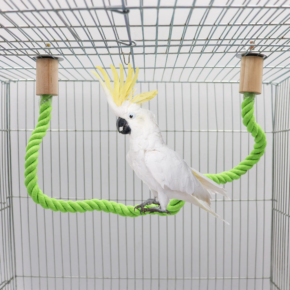Dnoifne bird rope swing inside cage demonstrates secure installation with washers and nuts.