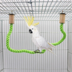 Dnoifne bird rope swing inside cage demonstrates secure installation with washers and nuts.