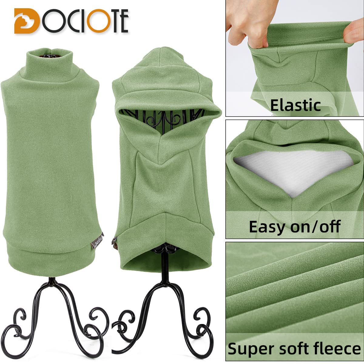 Dociote green fleece hoodie for puppies close-up highlights soft texture and warmth