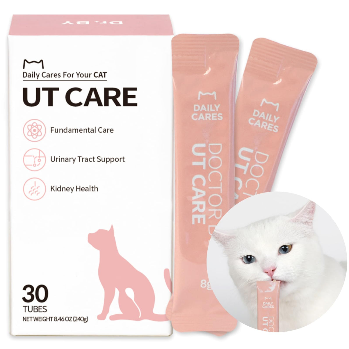 Doctor By UT Care cat uti kidney-support packaging shows the convenient daily dose for urinary health.