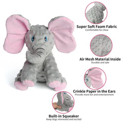 DODODOLA elephant dog toy with crinkle paper inside inspires playful chew sessions.