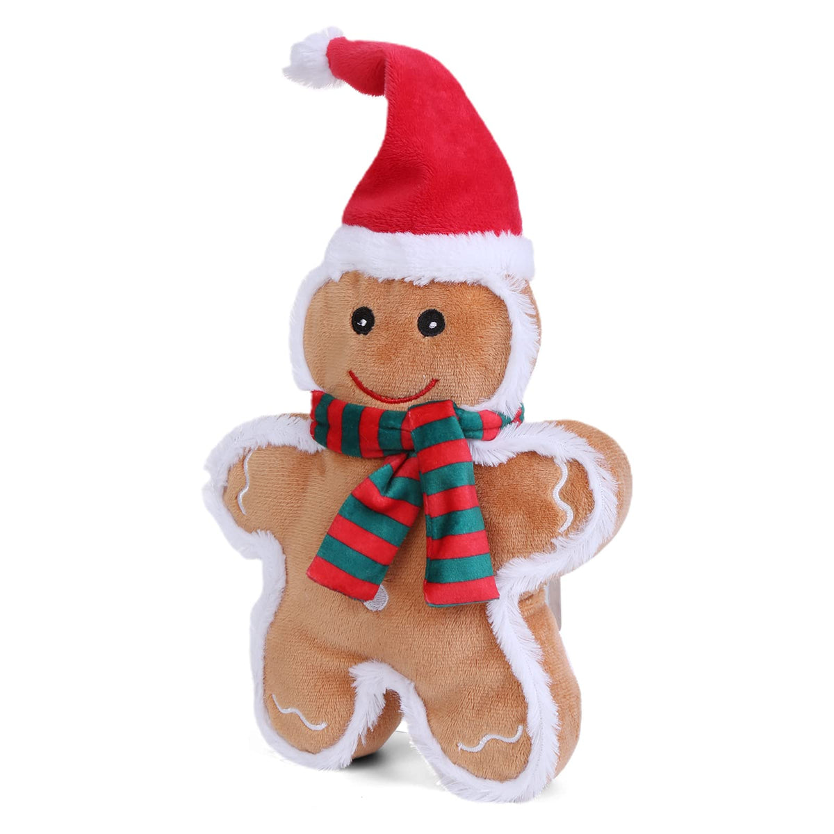 DODODOLA gingerbread man squeaky toy closeup—soft plush for playful dogs