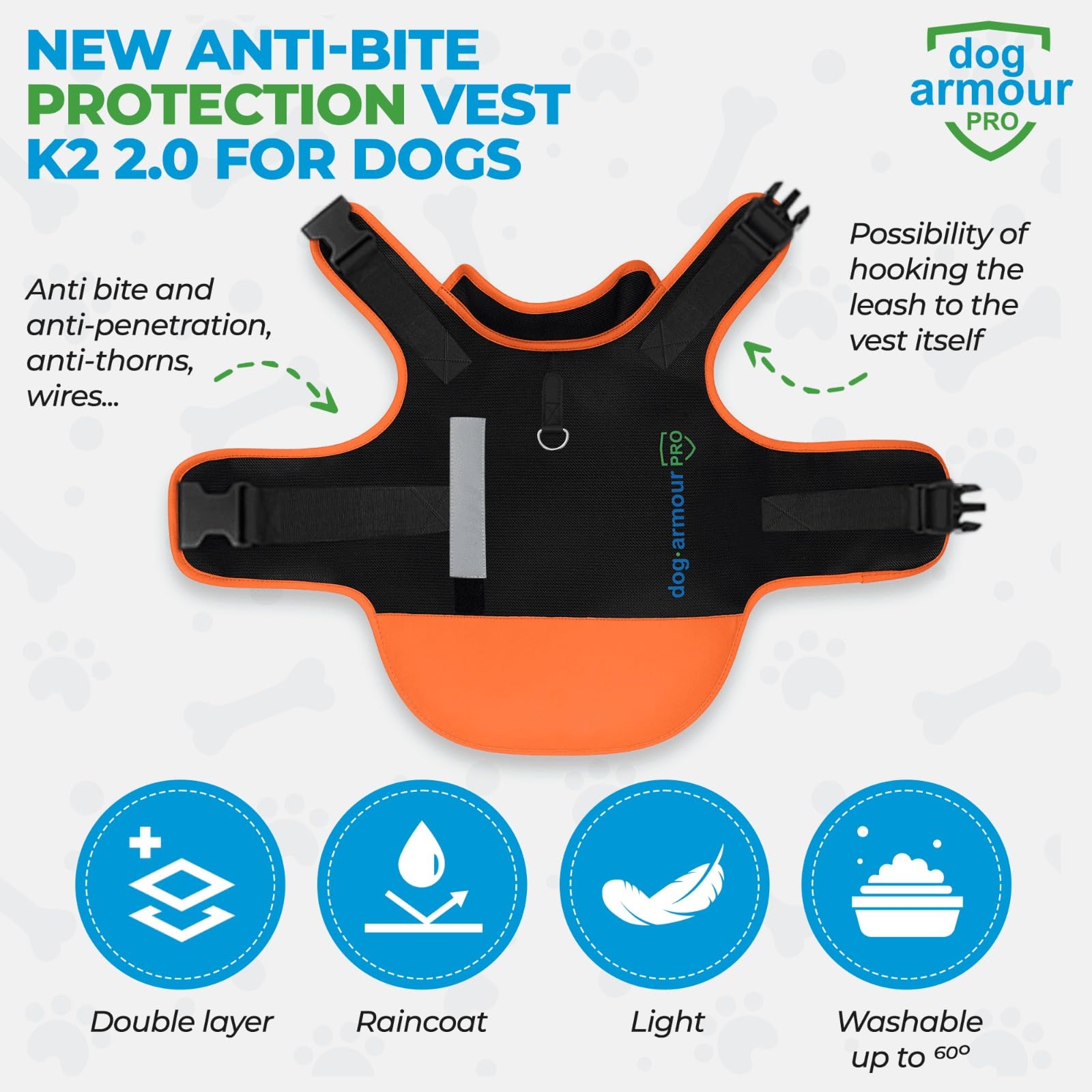 dog armour PRO protective dog harness orange back view emphasizes full-body protection during outdoor walks