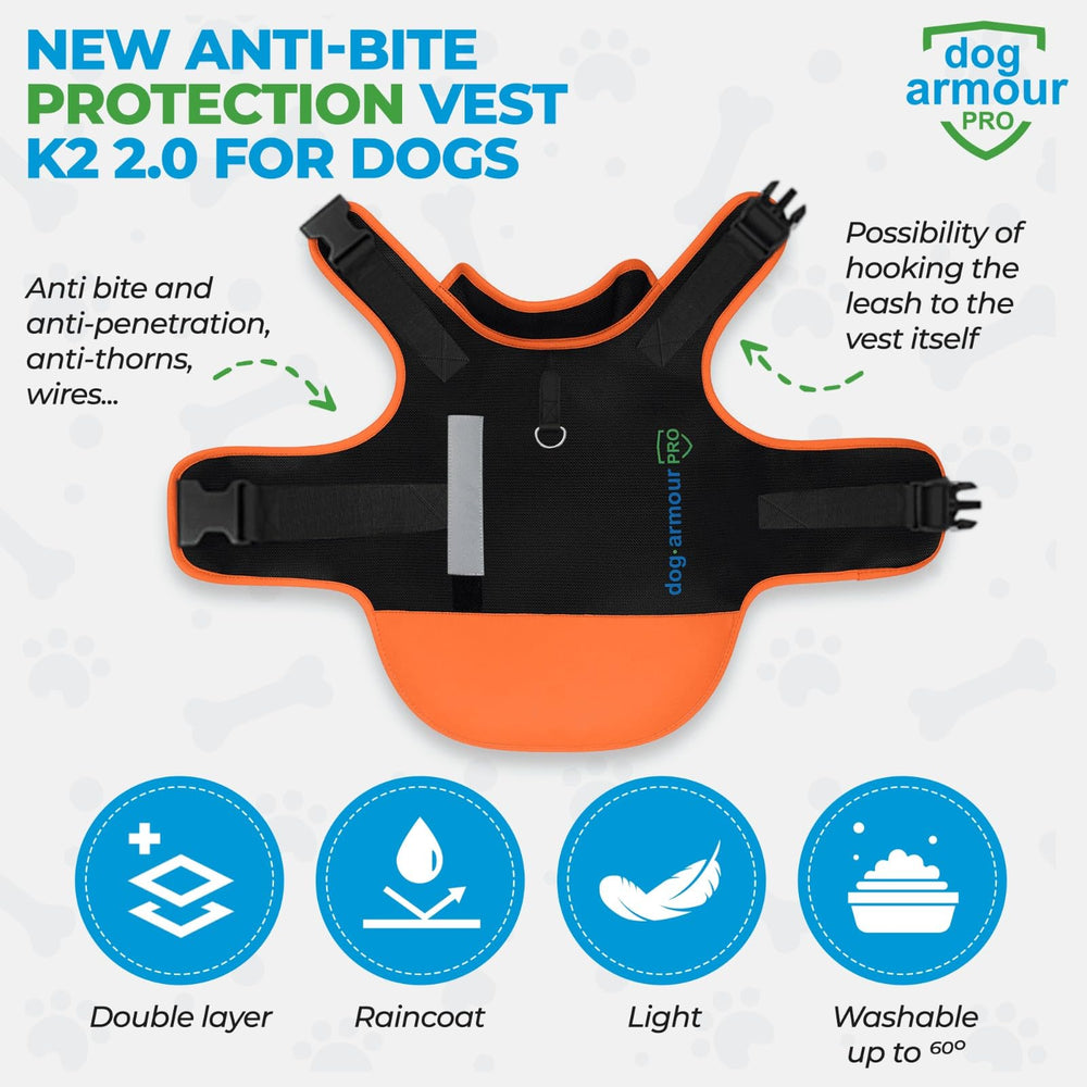 dog armour PRO protective dog harness orange back view emphasizes full-body protection during outdoor walks