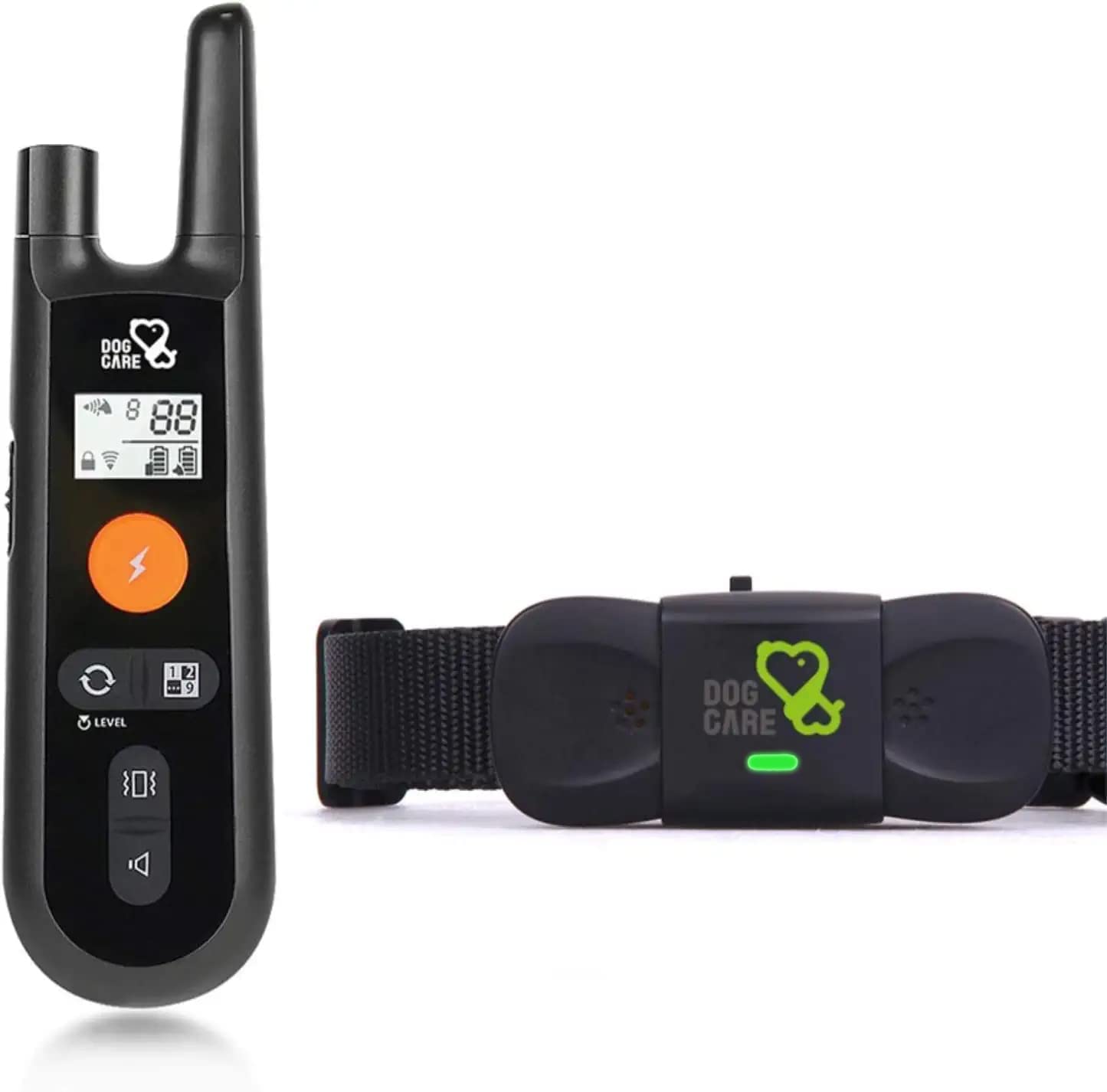 DOG CARE dog training collar remote closeup showing adjustable static levels for precise training.