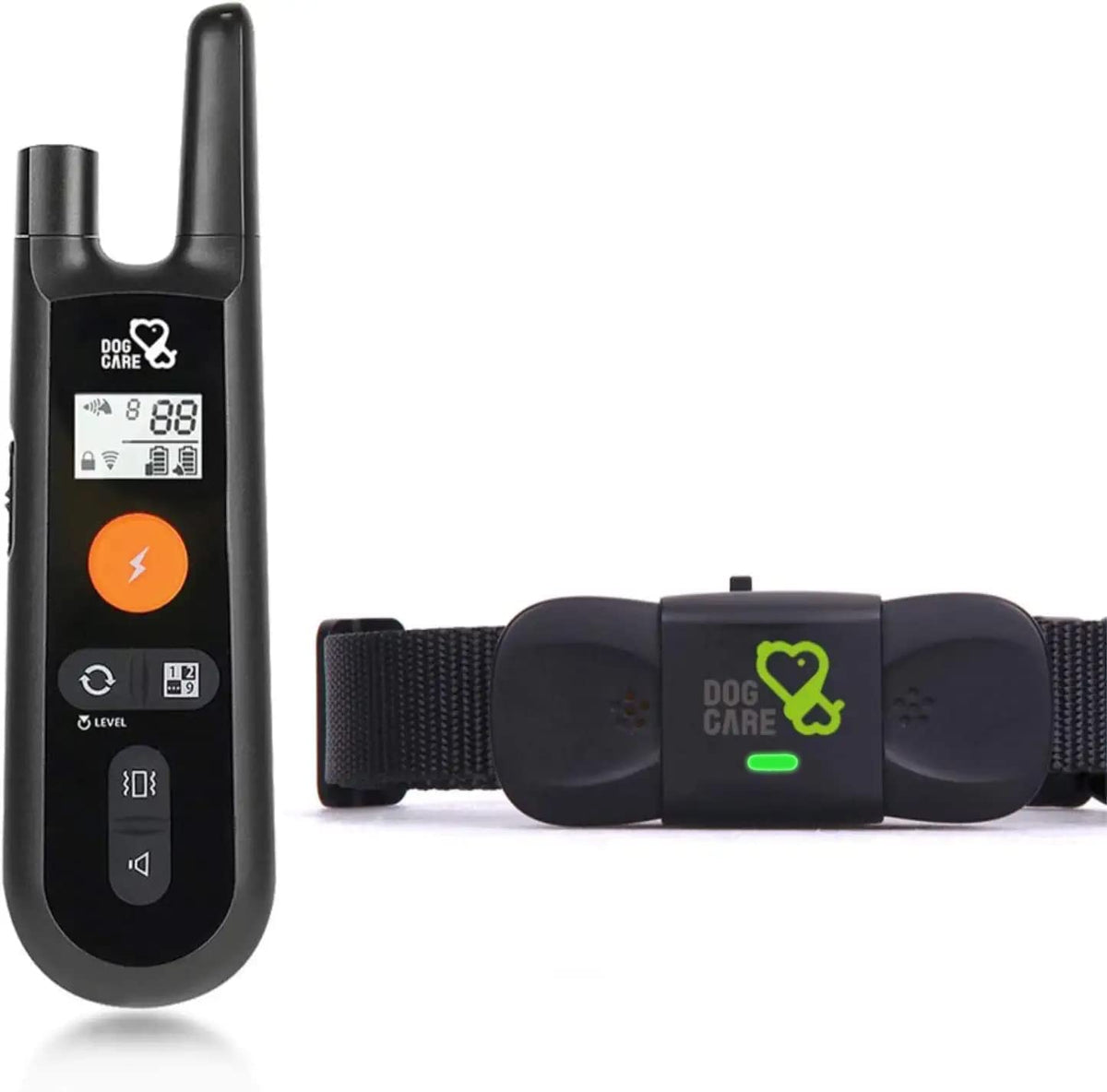 DOG CARE dog training collar remote closeup showing adjustable static levels for precise training.