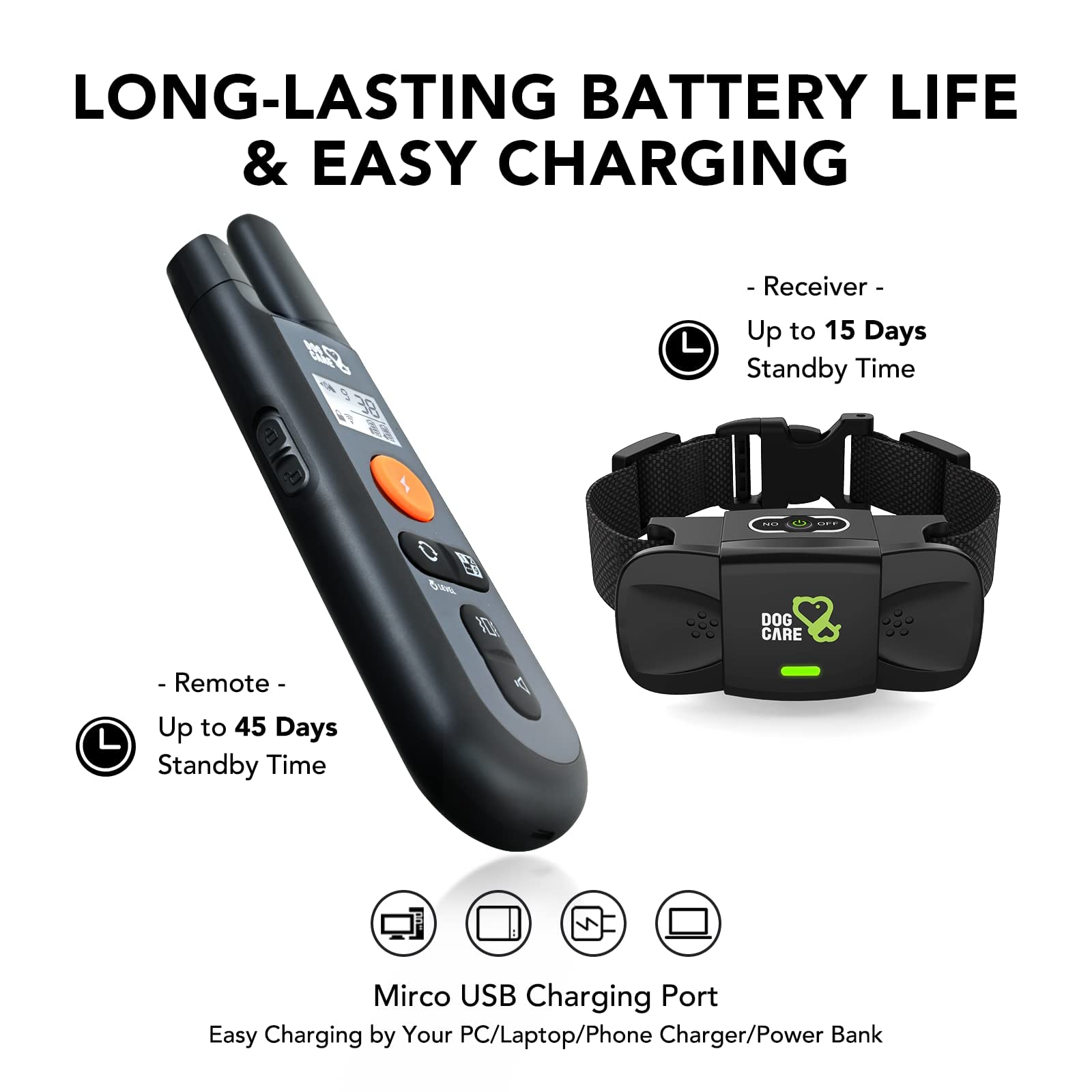 DOG CARE rechargeable collar battery indicator for uninterrupted sessions.