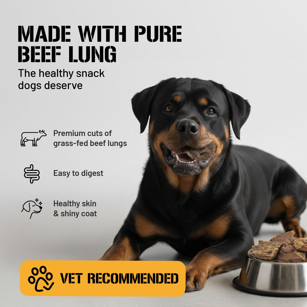 Dog Chits Beef Lung Fillets air-dried natural treats shown in a wooden bowl for daily rewards.