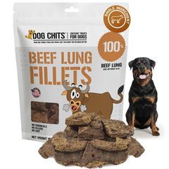 Dog Chits Beef Lung Fillets bag front view highlights high-protein, low-fat dog treats.
