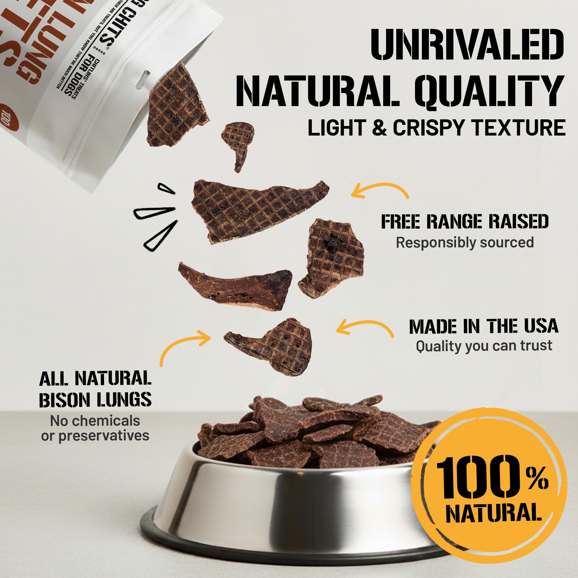 Dog Chits bison lung fillets bag-open view showcases simple, stomach-friendly chew.