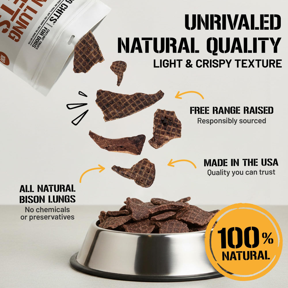 Dog Chits bison lung fillets bag-open view showcases simple, stomach-friendly chew.