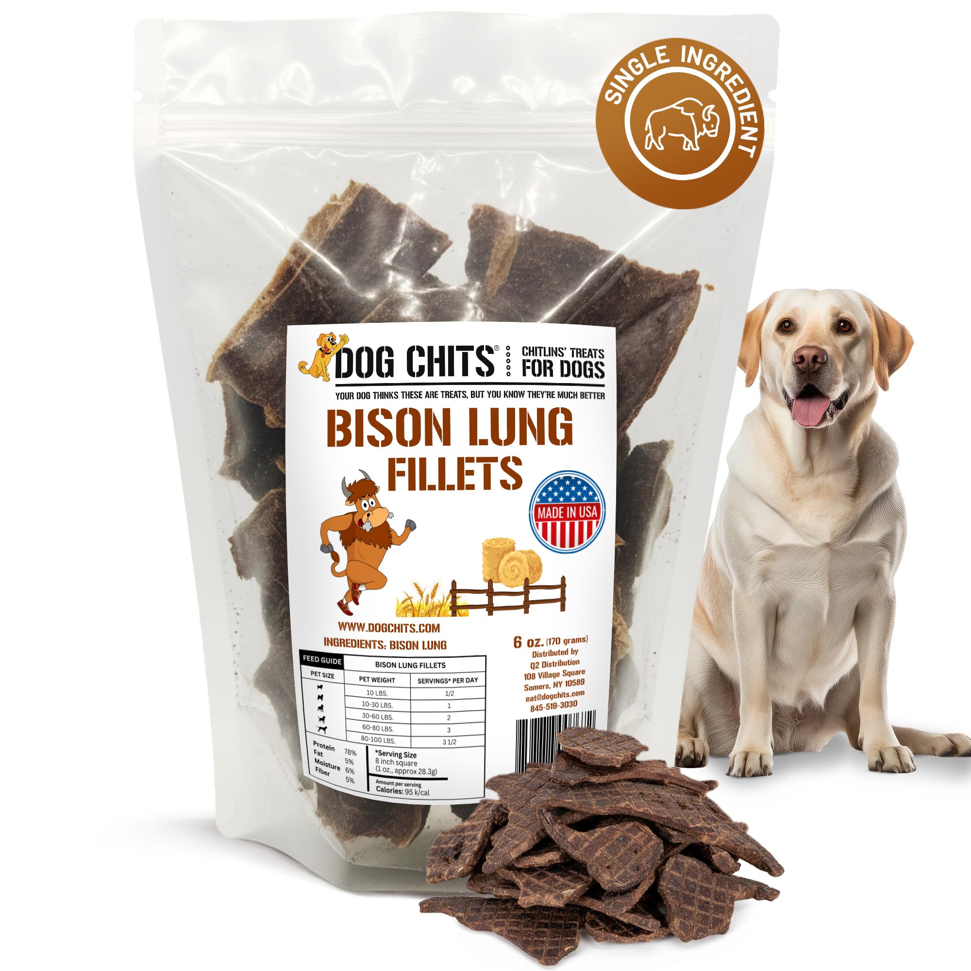 Dog Chits bison lung fillets front label shows all-natural protein snack for training rewards.