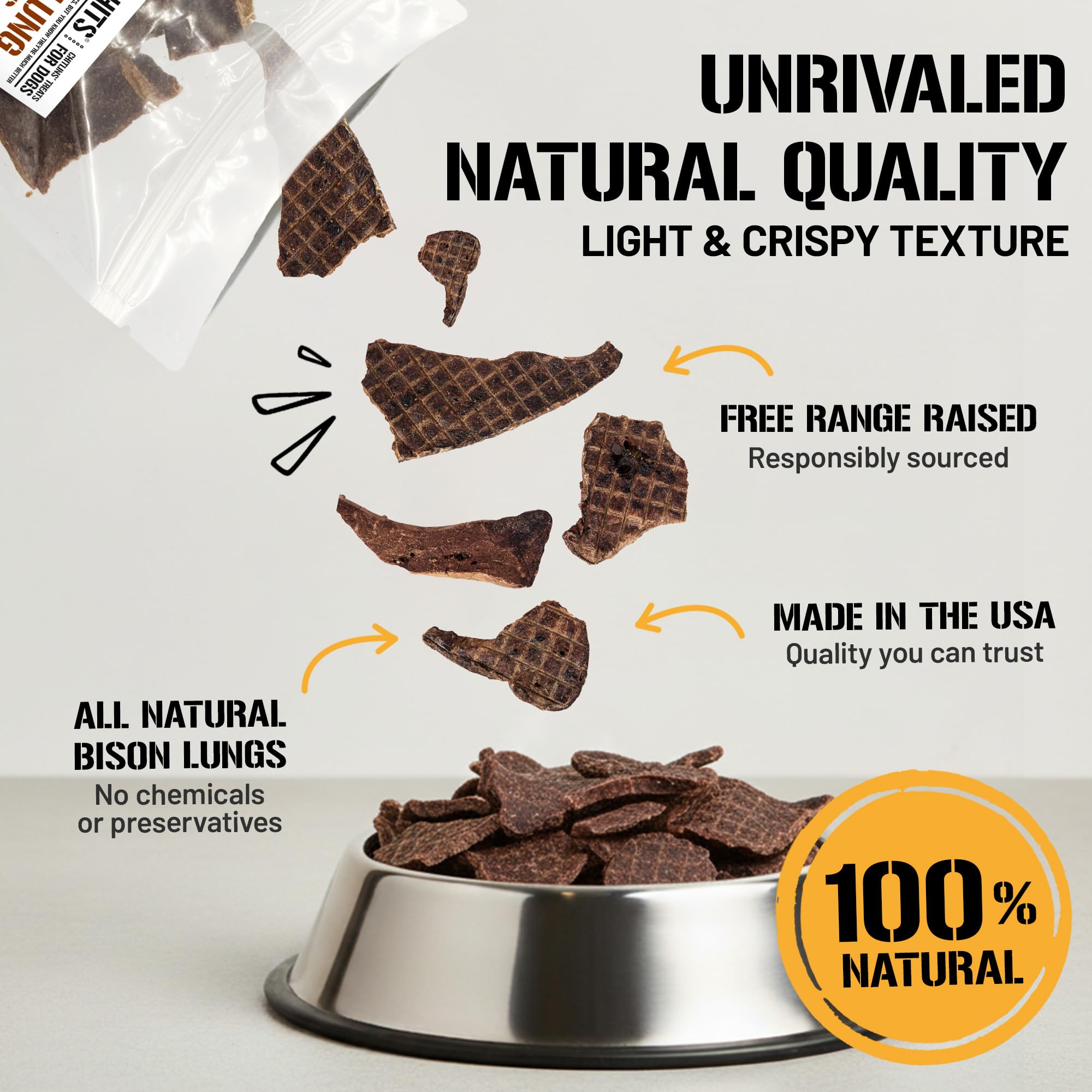 Dog Chits bison lung fillets grain-free recipe emphasizes digestible, low-fat protein for sensitive stomachs.