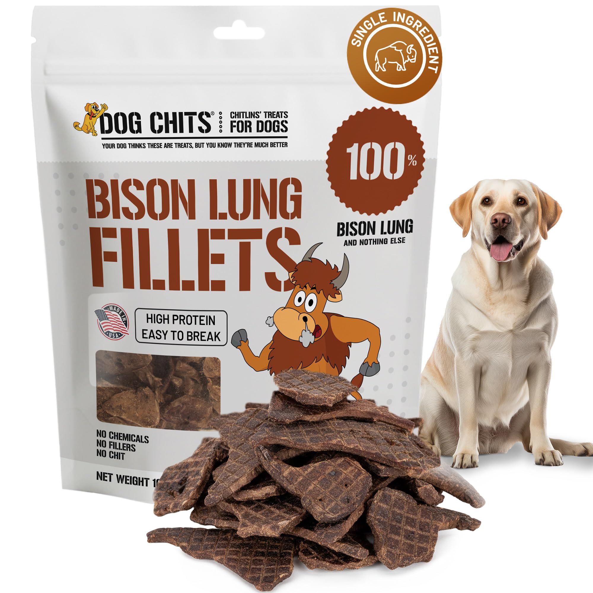 Dog Chits bison lung fillets packaging highlights grain-free, high-protein dog treats.