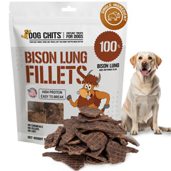 Dog Chits bison lung fillets packaging highlights grain-free, high-protein dog treats.
