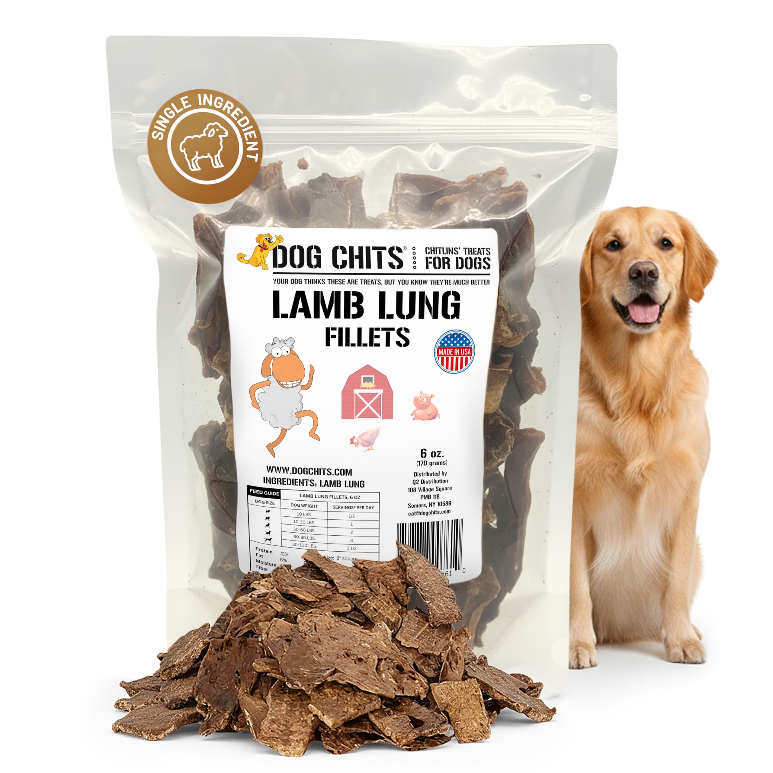 Dog Chits Lamb Lung Fillets bag in 6oz offers a natural single-ingredient dog treat.