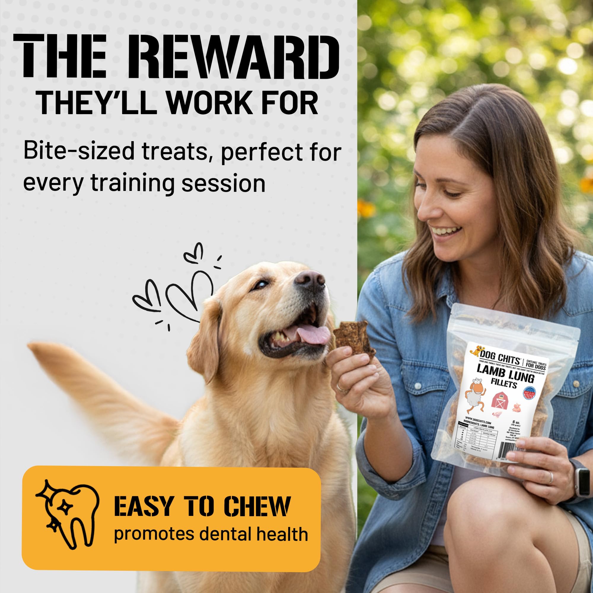 Dog Chits Lamb Lung Fillets training treats provide bite-sized motivation during sessions.
