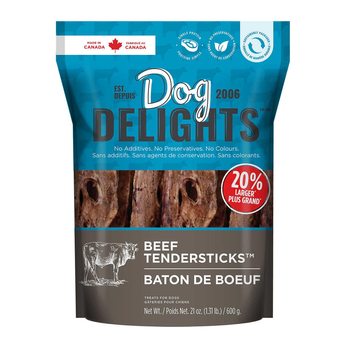 Dog Delights Beef Tendersticks packshot highlights 100% beef for wholesome rewards.