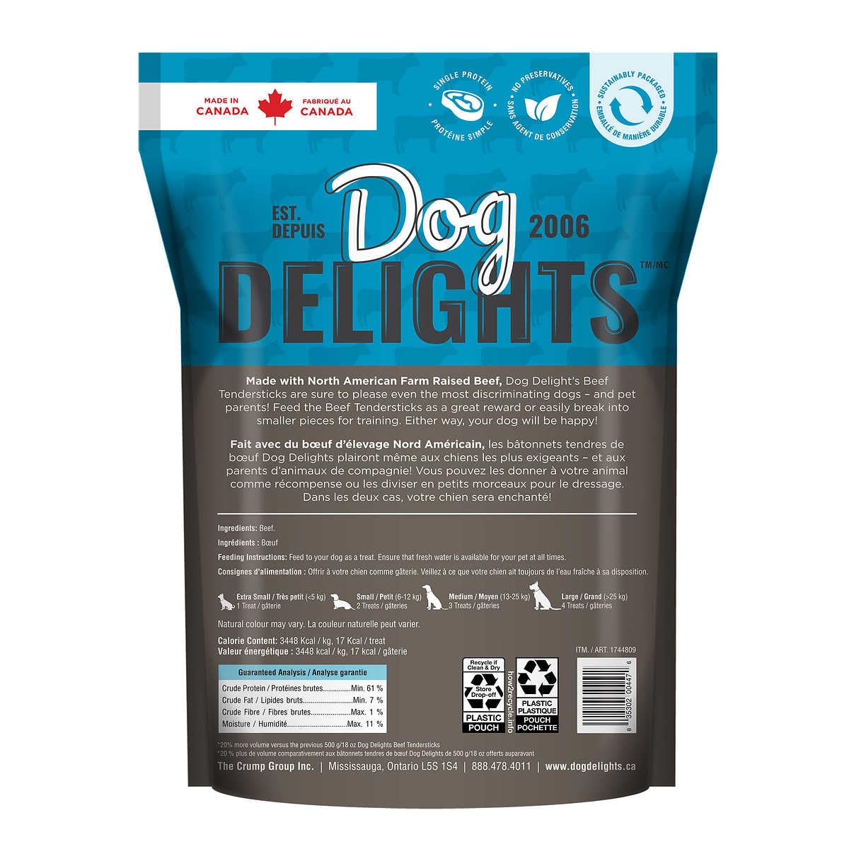 Dog Delights Beef Tendersticks strip-closeup shows chewy texture ideal for training rewards.