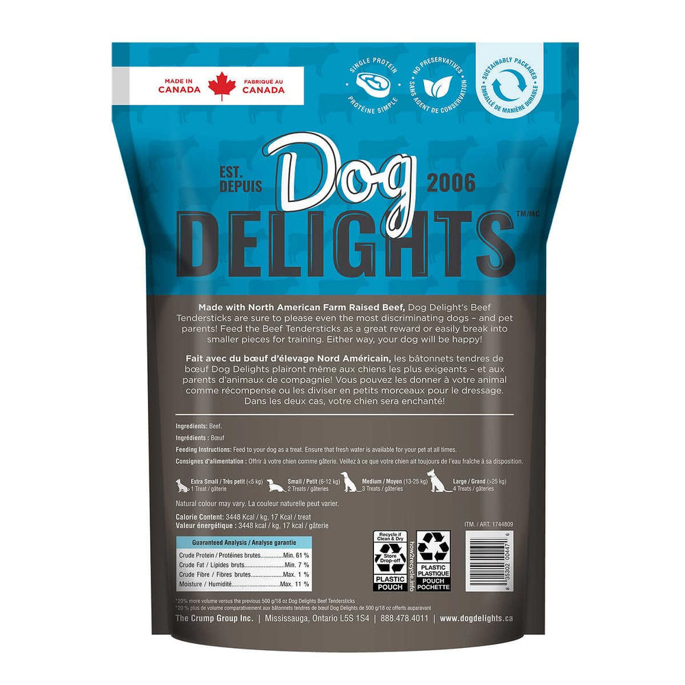 Dog Delights Beef Tendersticks strip-closeup shows chewy texture ideal for training rewards.