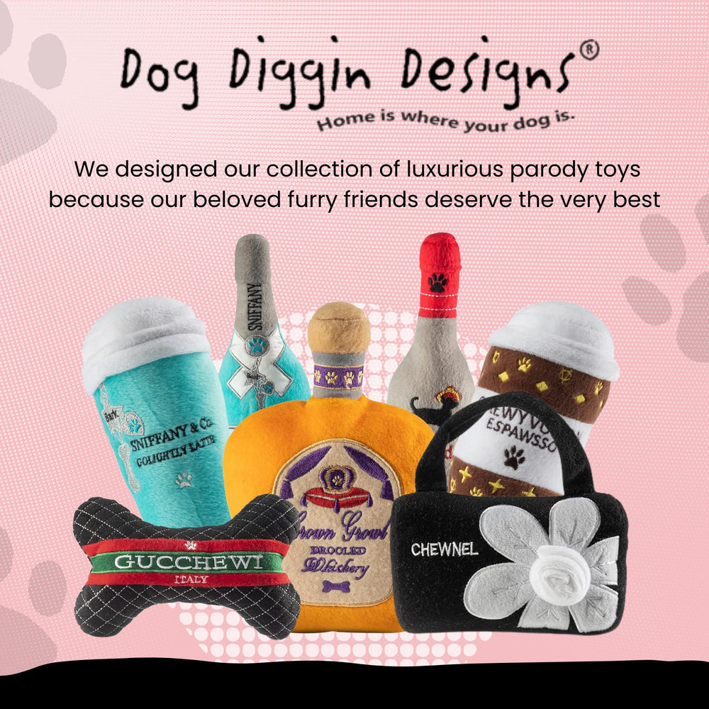 Dog Diggin Designs Libation Station busy-dog scene emphasizing durable squeaks and long-lasting fun.