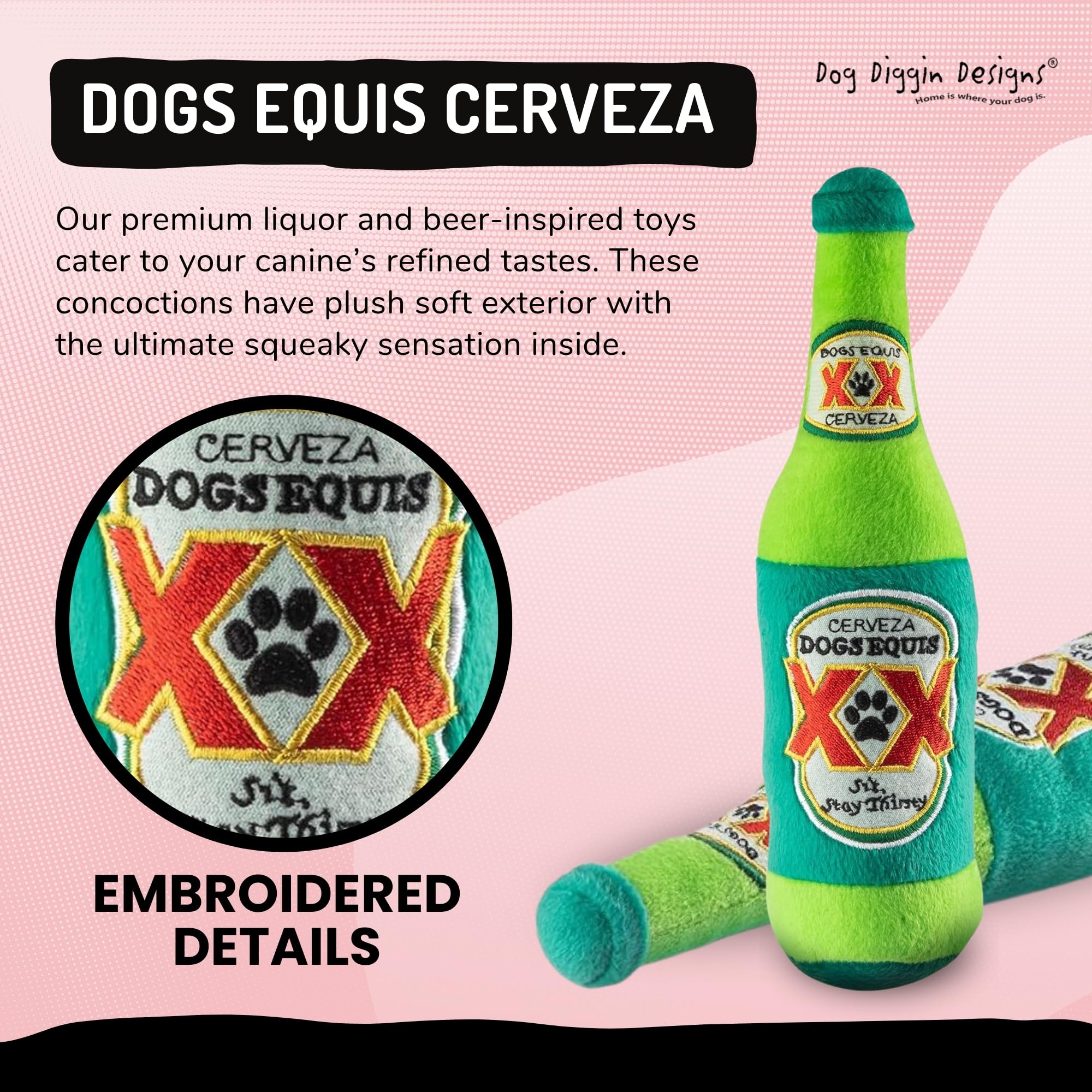 Dog Diggin Designs Libation Station toy soft-exterior offers cozy textures for cuddly sessions.