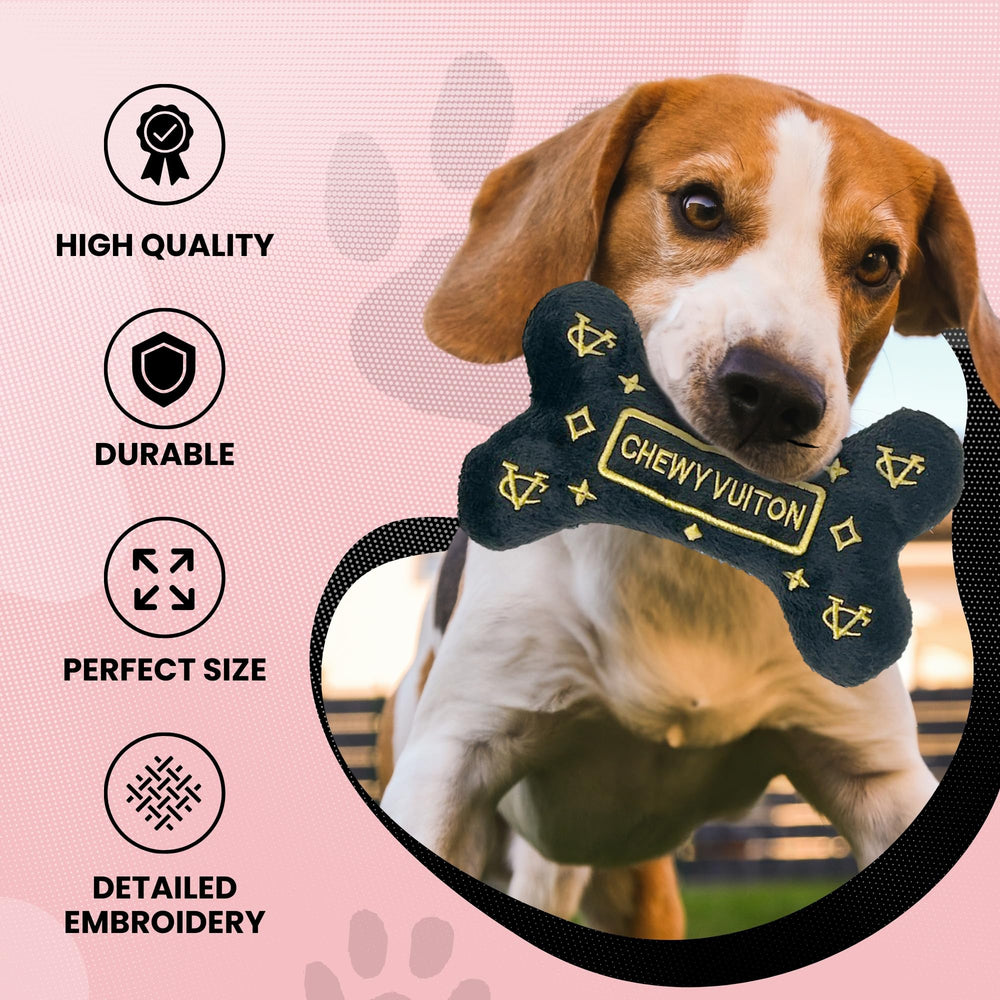 Dog Diggin Designs Runway Pup applique plush showcases bold logos for stylish flair.