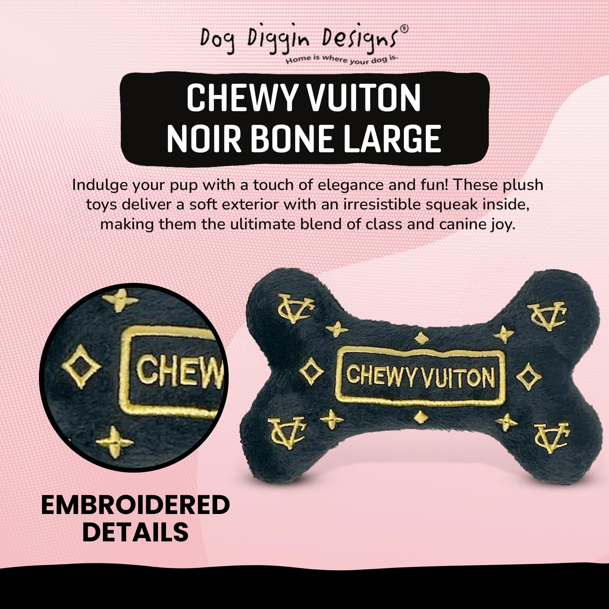 Dog Diggin Designs Runway Pup ball toy shines with fashion-forward motifs during fetch.