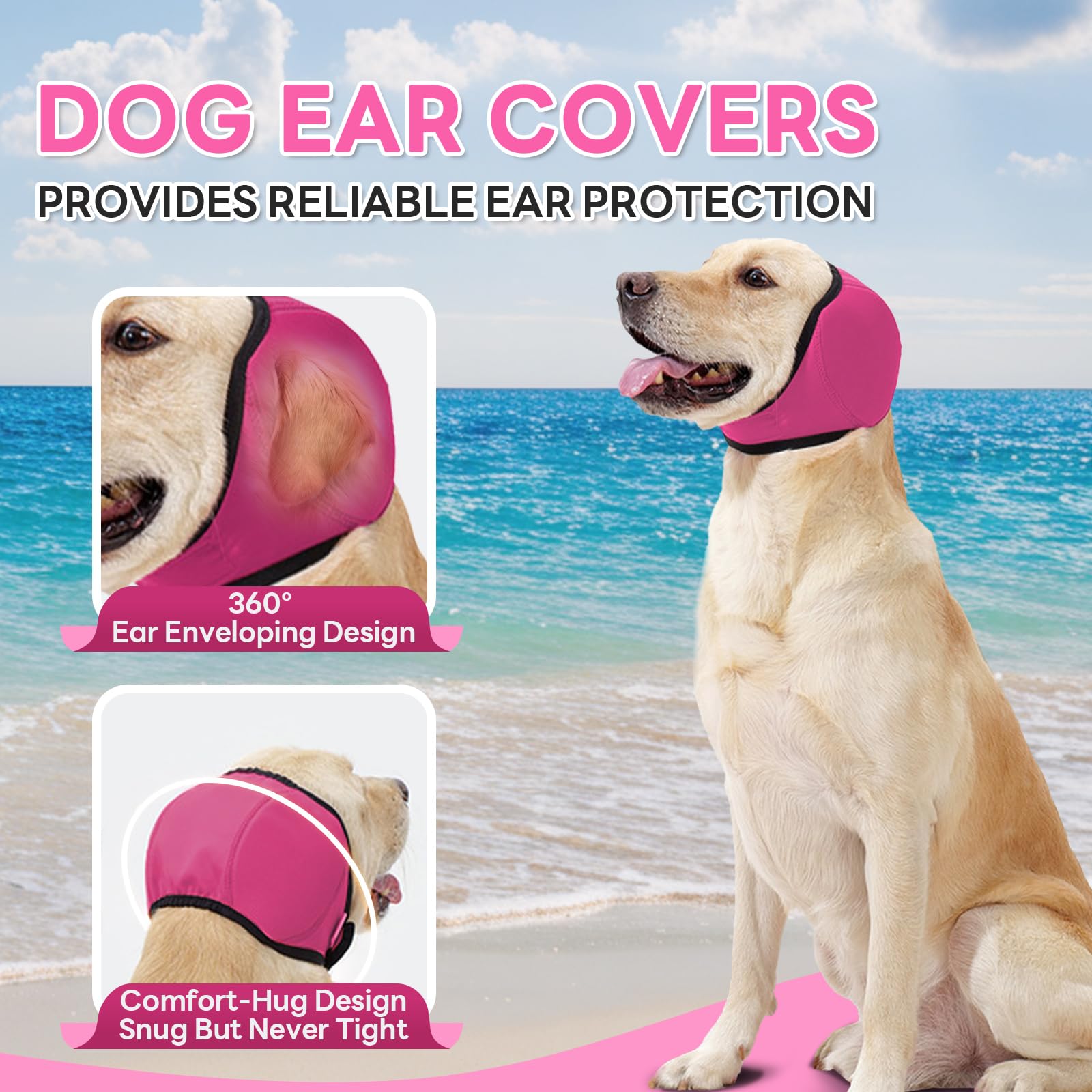 Dog Ear Muffs on a dog during a thunderstorm demonstrating protective use.