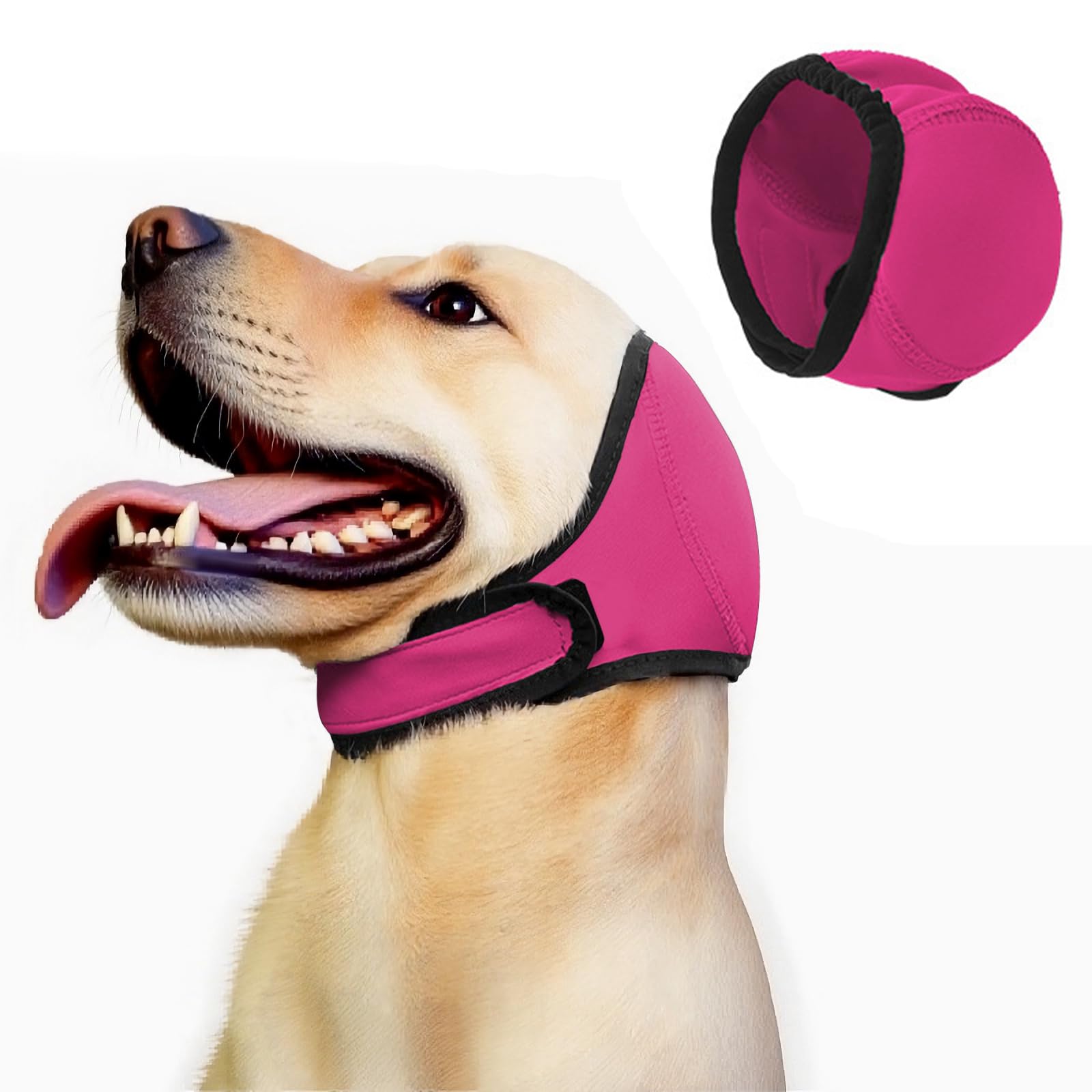Dog Ear Muffs Rose Red front view with secure adjustable fit.