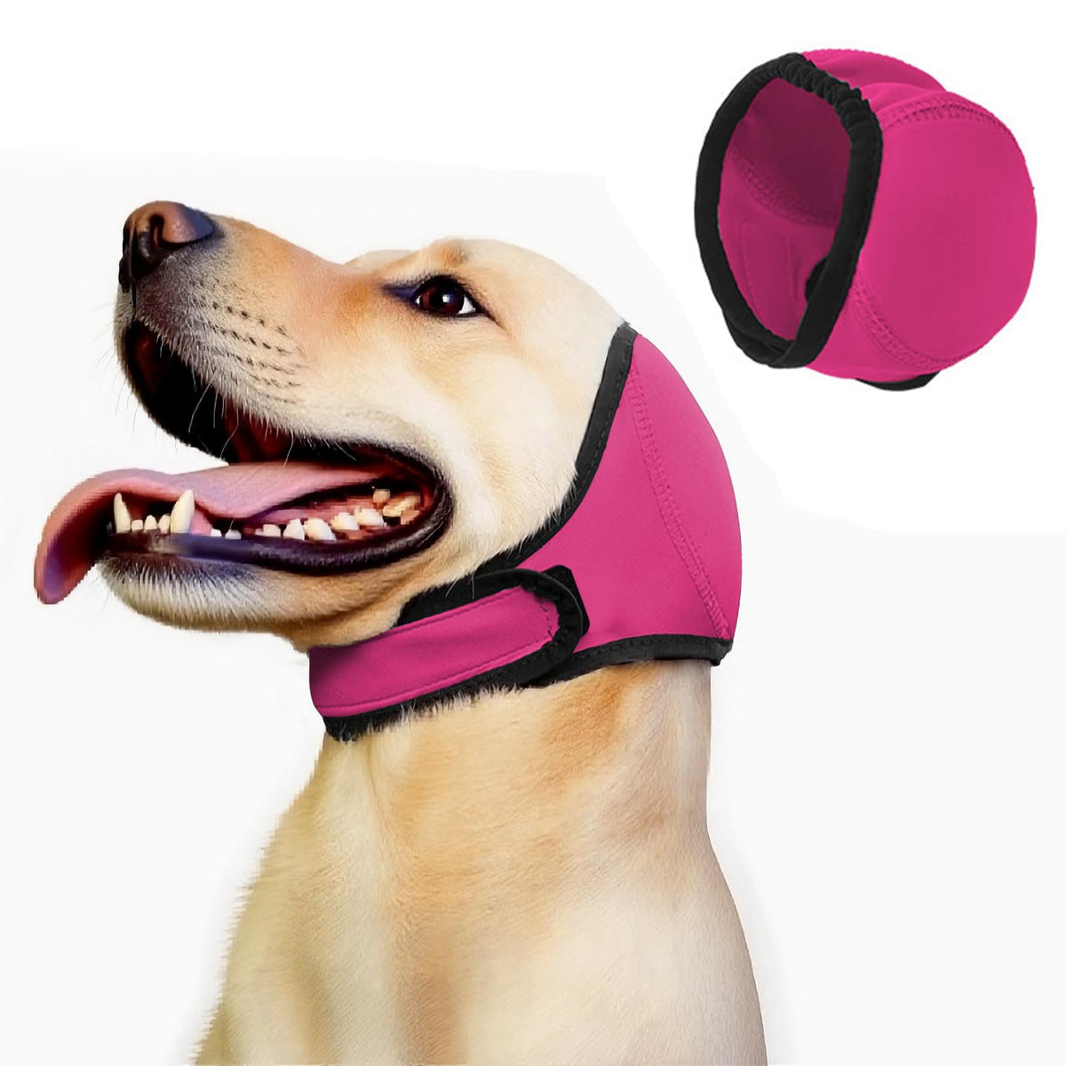 Dog Ear Muffs Rose Red front view with secure adjustable fit.
