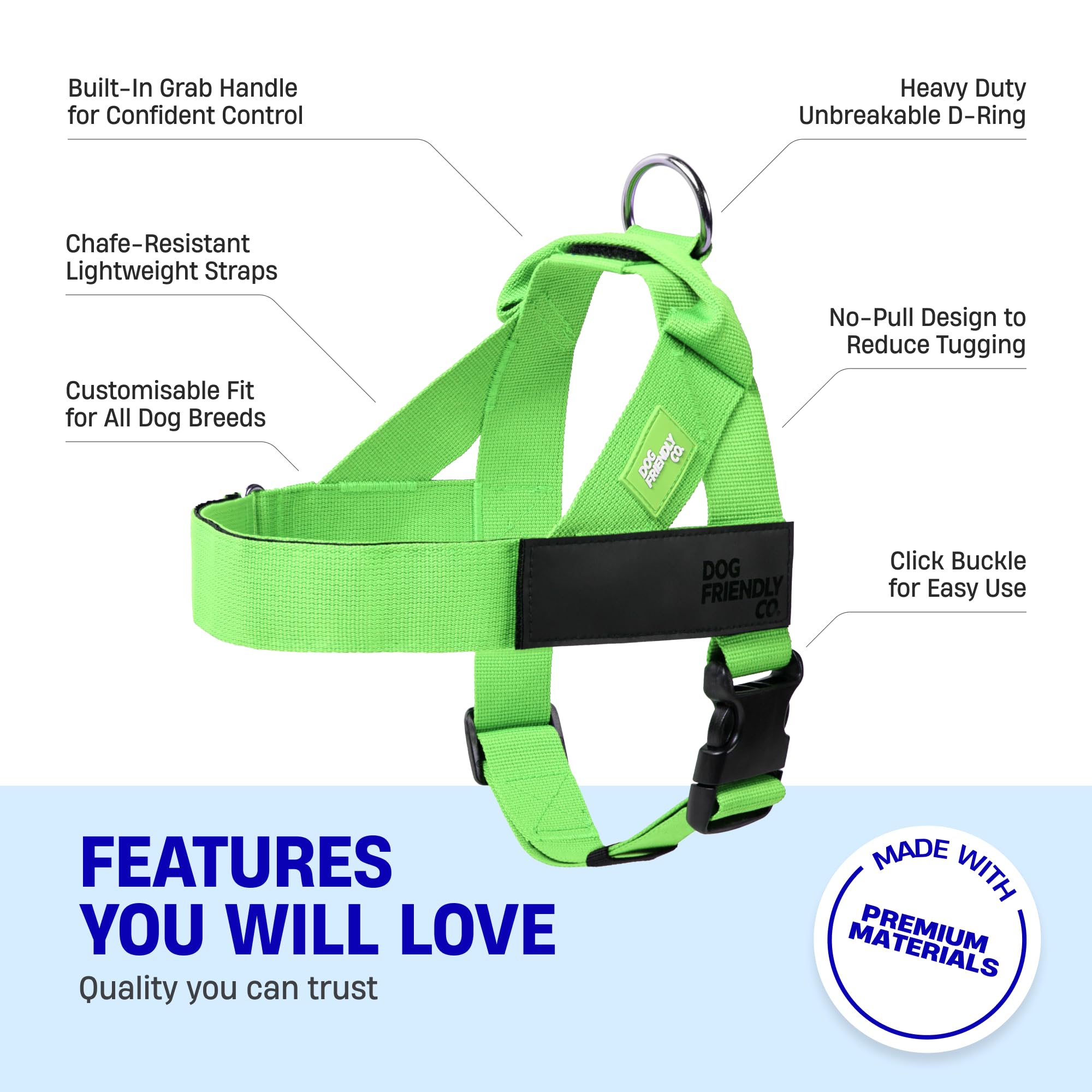 Dog Friendly Co DF Co harness sturdy grab handle improves control in crowded spaces.