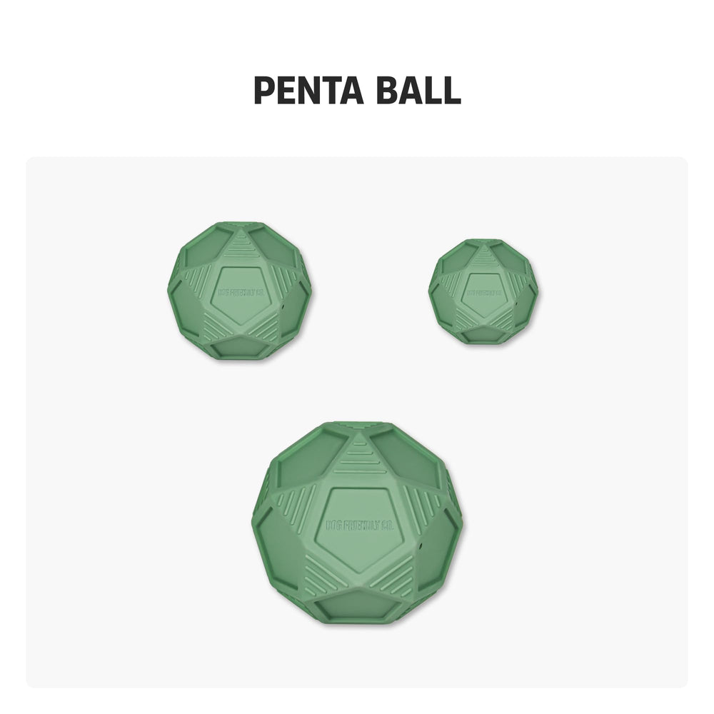 Dog Friendly Co Penta Ball outer-view-dark-green communicates versatile sizes for every breed.