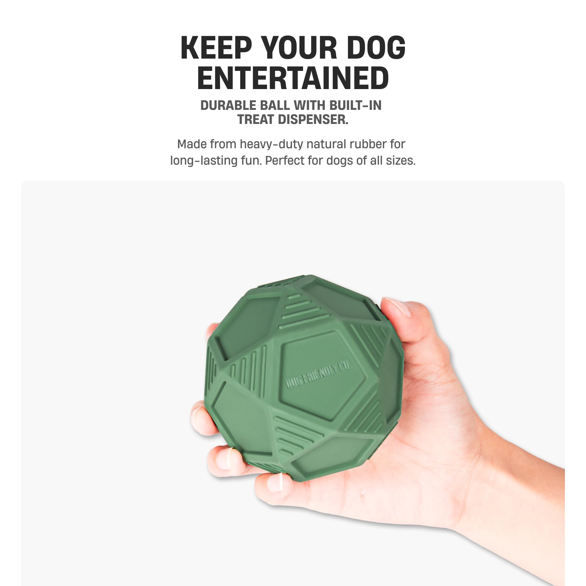 Dog Friendly Co Penta Ball treat-slot-open highlights mental stimulation during mealtime or playtime.