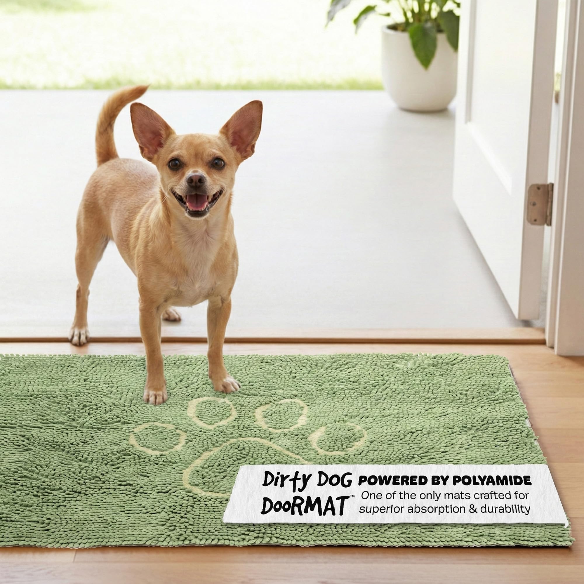 Dog Gone Smart Dirty Dog Doormat sage green close-up shows absorbent microfiber for muddy paws