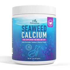 Dog Greens Seaweed Calcium jar open—easy, vet-approved calcium supplement for daily use.