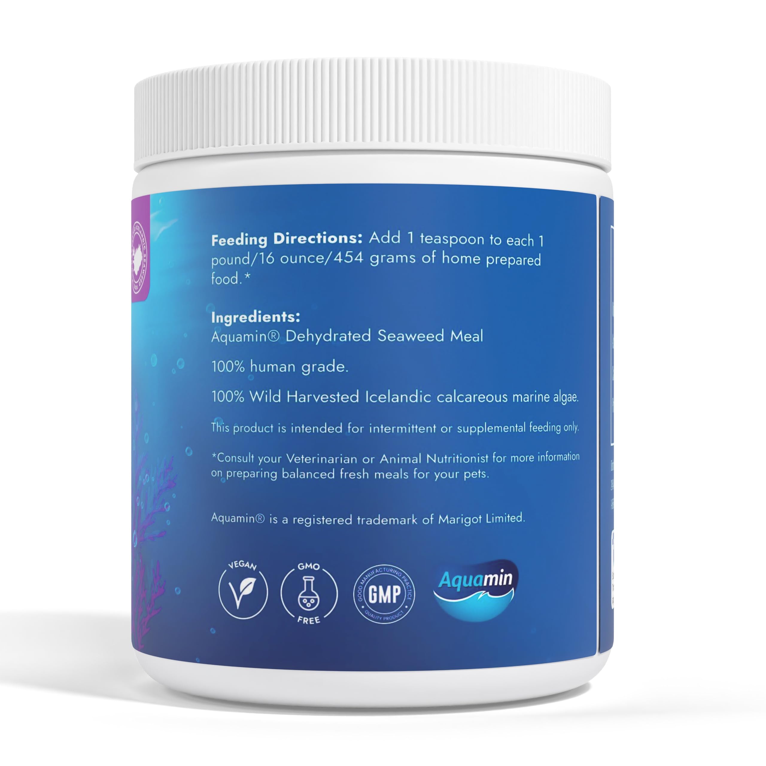 Dog Greens Seaweed Calcium label—purity and certifications.