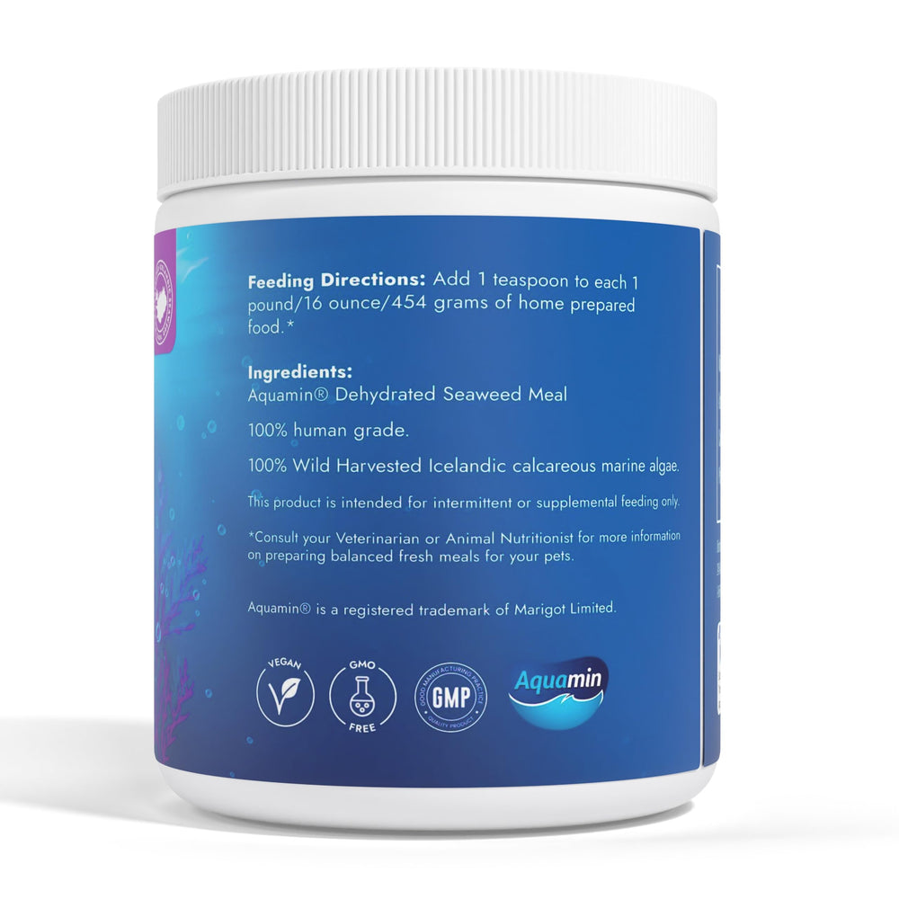 Dog Greens Seaweed Calcium label—purity and certifications.