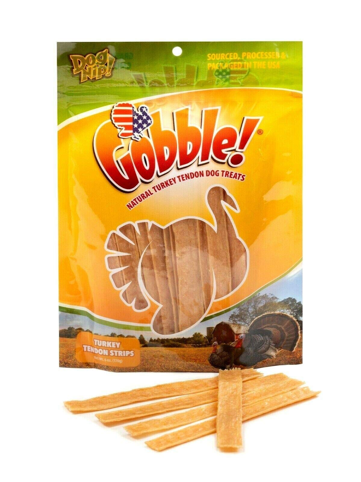 Dog Nip Gobble 6in turkey tendon bag front—long-lasting chew option.