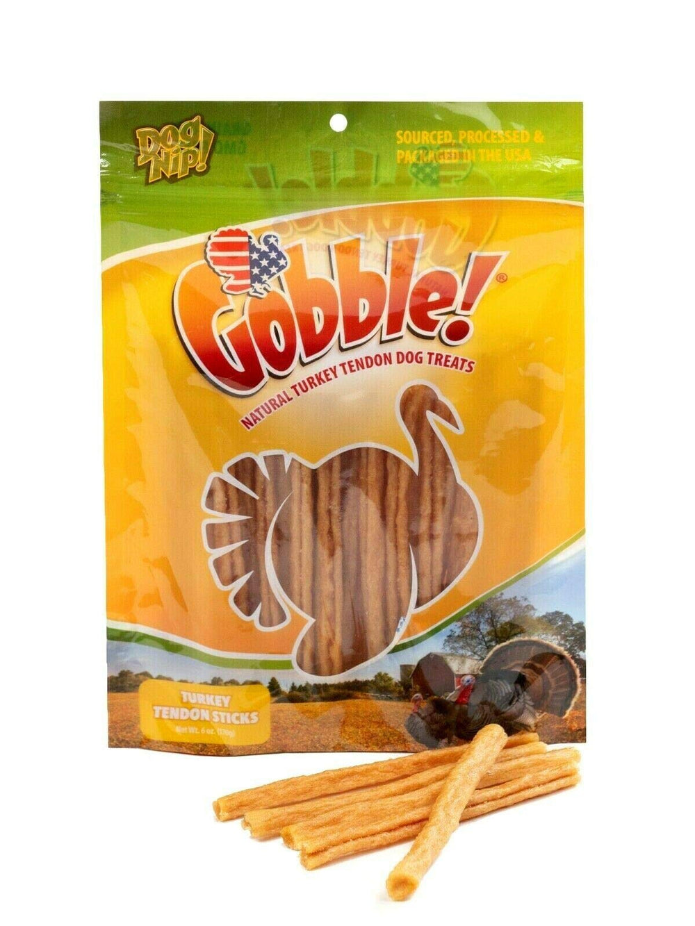 Dog Nip Gobble 6-inch turkey tendon pack front promotes easy freshness with reseal bag.