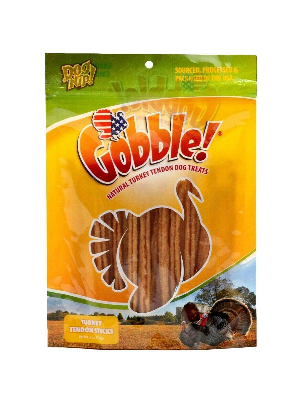 Dog Nip Gobble resealable bag close-up highlights single-ingredient, all-natural chews.