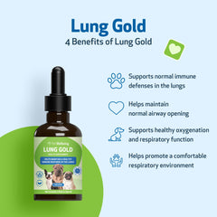 Dog nose close-up with Pet Wellbeing Lung Gold bottle for breathing support.