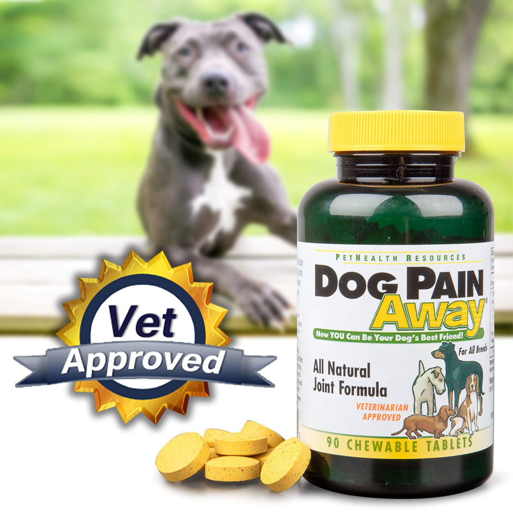 Dog Pain Away chews packaging shows easy daily joint care for pets.