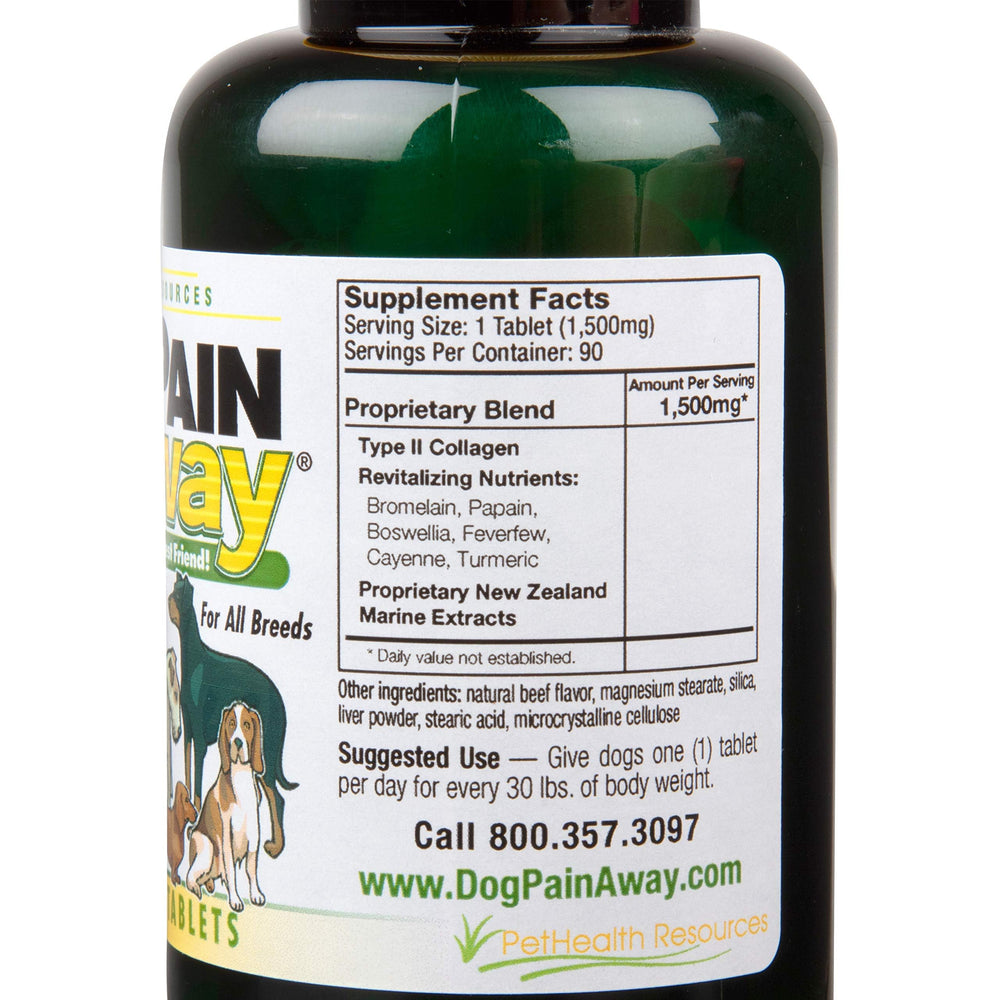 Dog Pain Away natural ingredient panel emphasizes holistic joint comfort.