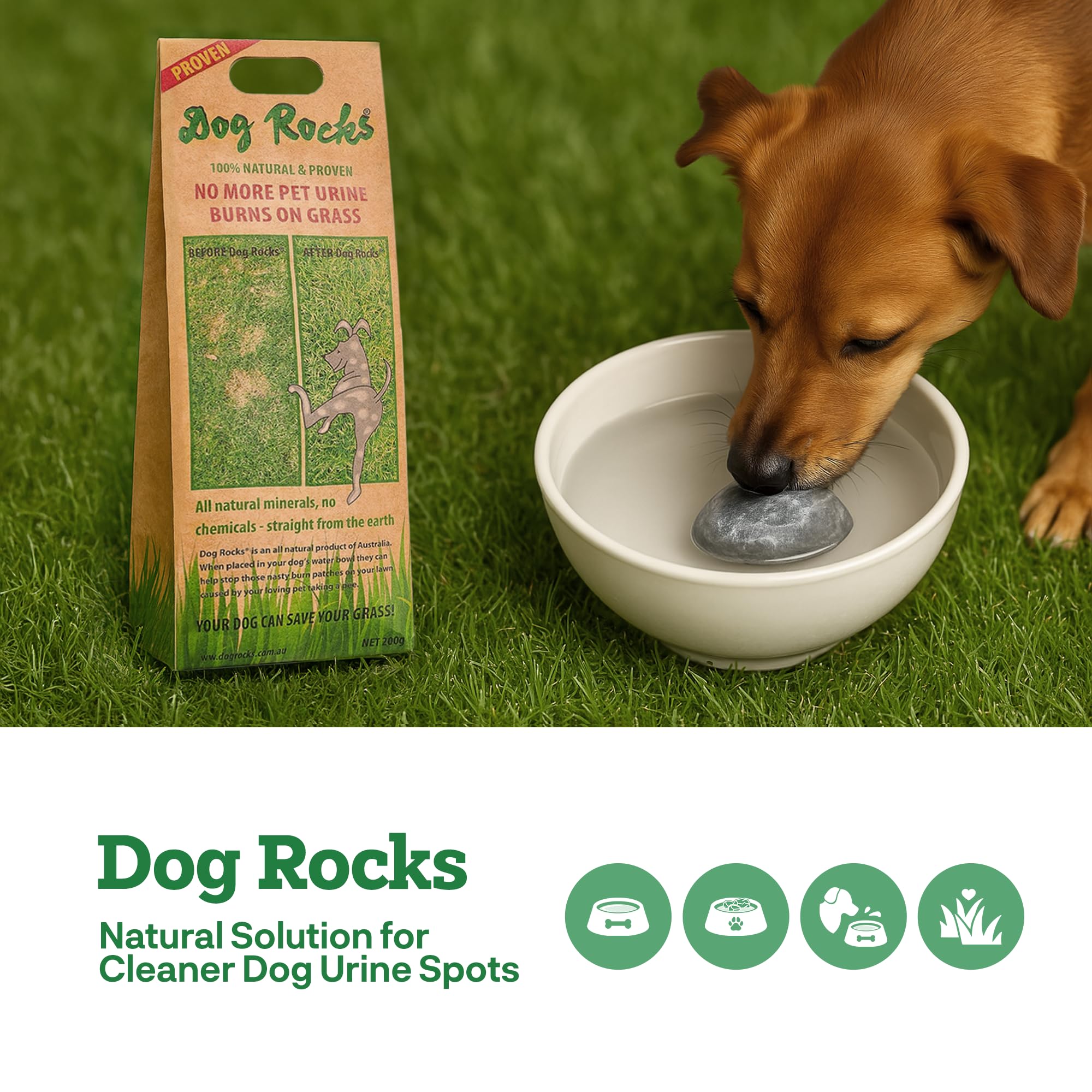 Dog Rocks Australian natural rocks illustrate the product's origin and lawn-friendly use.