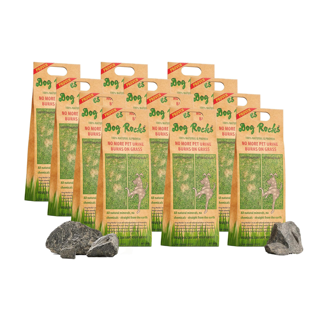 Dog Rocks lawn-burn-reduction shows greener grass with reduced urine damage.