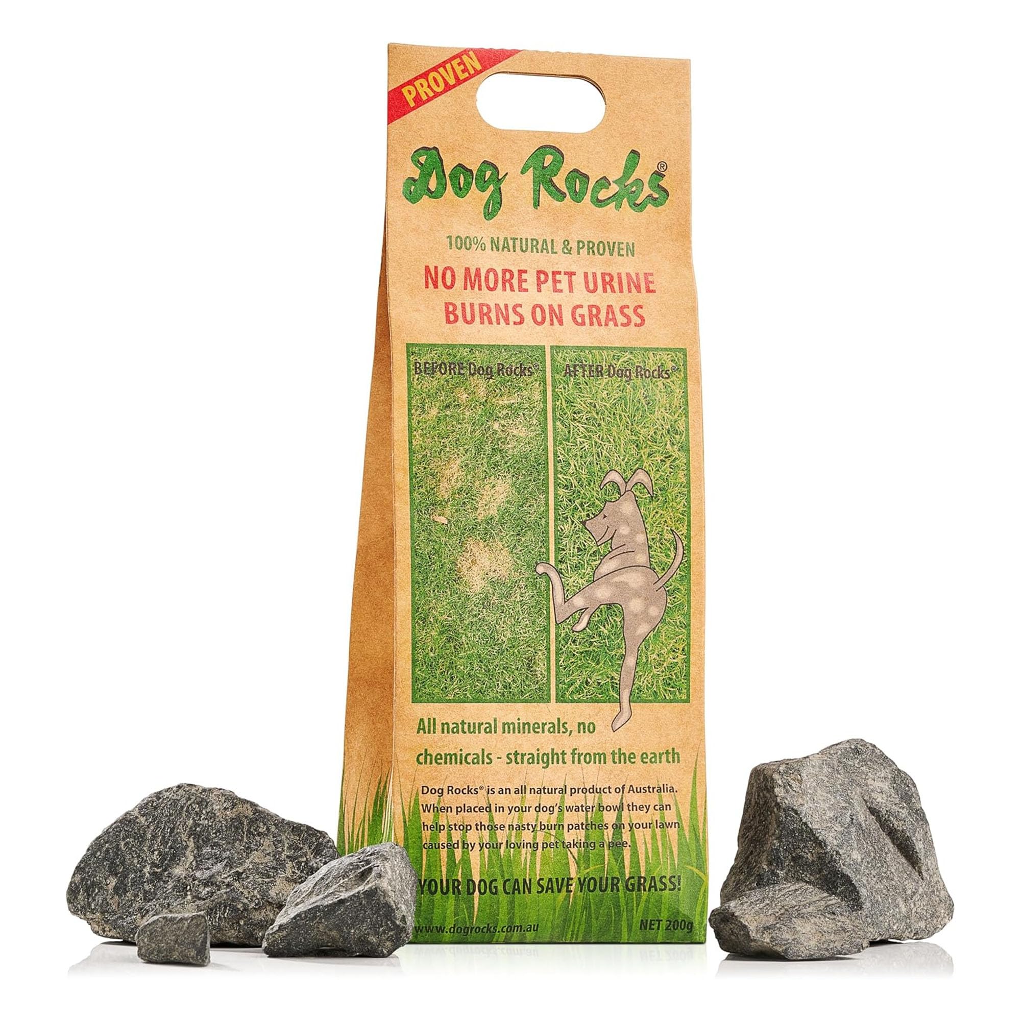 Dog Rocks urine-burning grass close-up shows lawn protection with natural rock solution.
