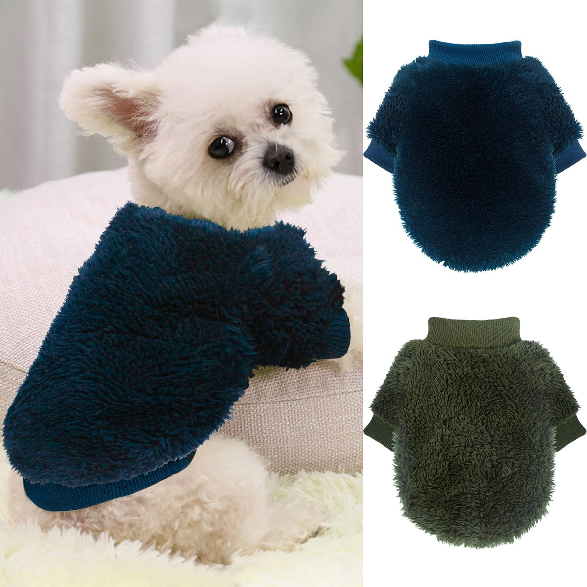 Dog sweater blue back view highlights warm fleece for small dogs.