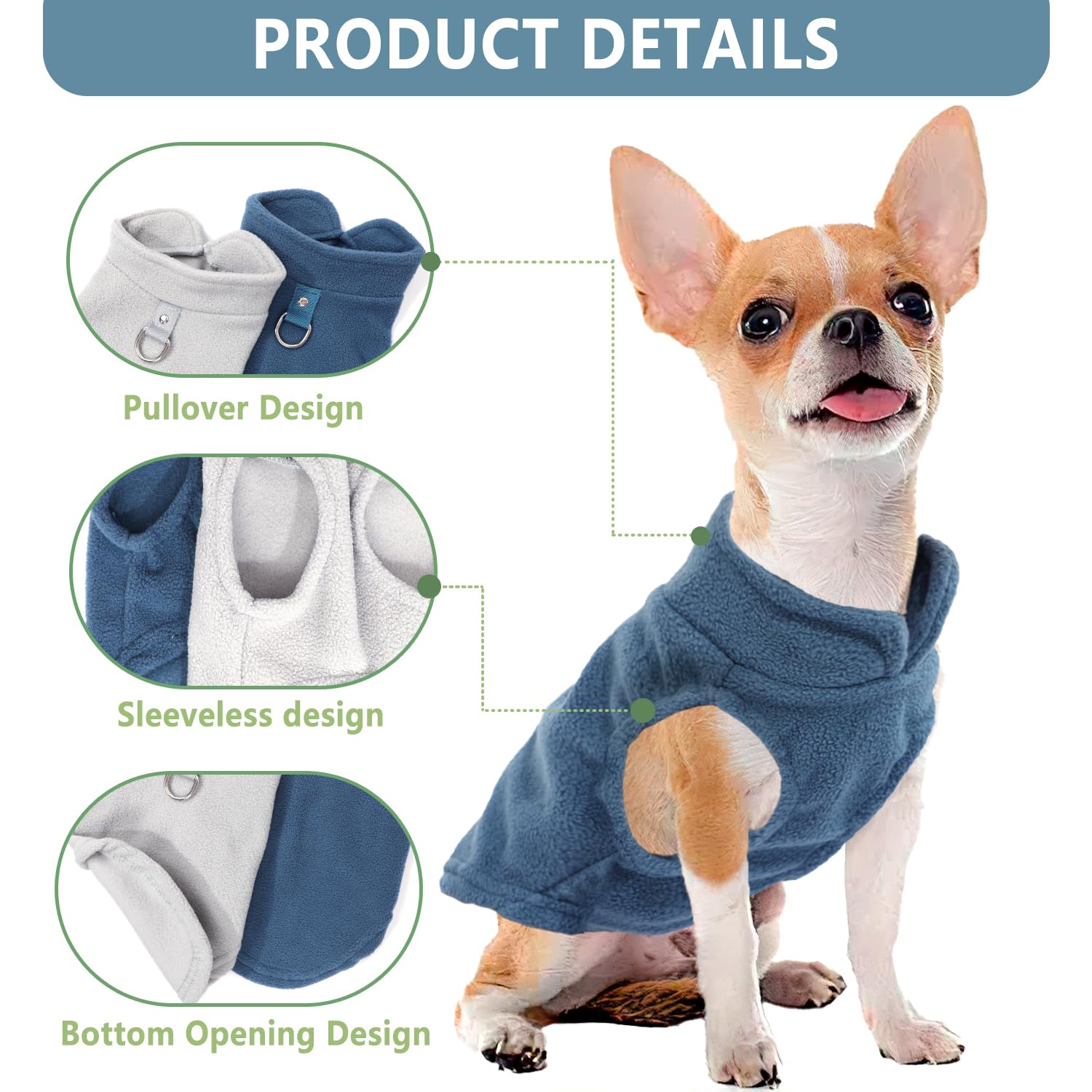 Dog-sweater pullover design enables quick, comfortable on-off wear.