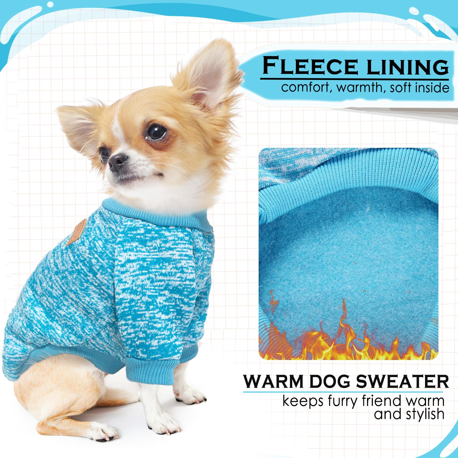 Dog sweaters size chart shows XS to Large fits for small breeds.
